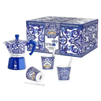   Bialetti készlet: D&G Moka Express kávéfőző 3 adag + D&G csésze 3 darab/ ezüst keverő 3 darab Díszdobozban