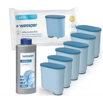   6 db Wessper AquaClear vízszűrő csomag + ajándék Wessper CleanMax vízkőoldó (1000 ml) (Philips AquaClean CA6903 kompatibilis)