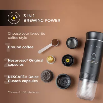 CHiato brewPLAY hordozható eszpresszó kávéfőző - fekete (kompatibilis: Nespresso®, Dolce Gusto®, őrölt kávé)