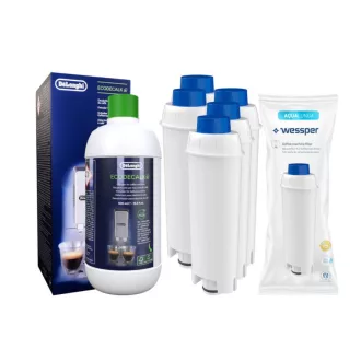De'Longhi kompatibilis karbantartó készlet: 5x Wessper AquaLunga szűrő + De'Longhi EcoDecalk vízkőoldó (500 ml)